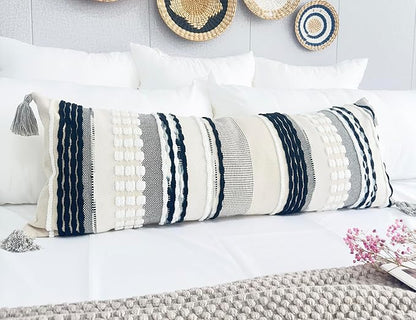Chenille and Cotton Long Pillow for Bed, Striped Textured Boho Lumbar Throw Pillow Cover 16x36, Neutral Accent Decorative Extra Long Body Pillow Case for Couch, Sofa, Bedroom, Black and White