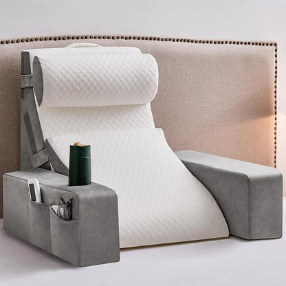 Reading Pillow for Sitting in Bed Adult, Back Pillow for Bed Sitting up with Arms, Pockets and Cup holder, Sit Up Backrest Pillows for Beds Chair Support, Beds Rest Pillow for Gaming, Watching TV