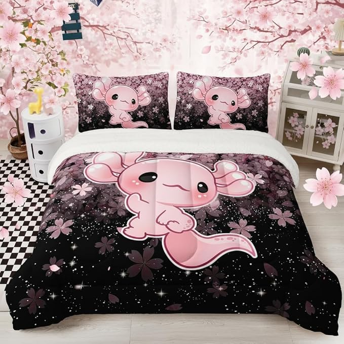 QOOMO Cartoon Axolotl Sherpa Fleece Comforter Set Girls Kawaii Bedding Set Twin Size for Kids Teens Cute Cherry Blossoms Bedding Design 3 Piece with 1 Comforter 2 Pillowcases