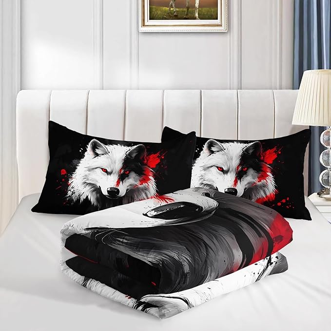 Black and White Wolf Comforter Set King Size,Wild Animal Themed Bedding Sets for Kids Boys Girls Teens Room Decor,Western Comforter Set with 2 Pillowcases.