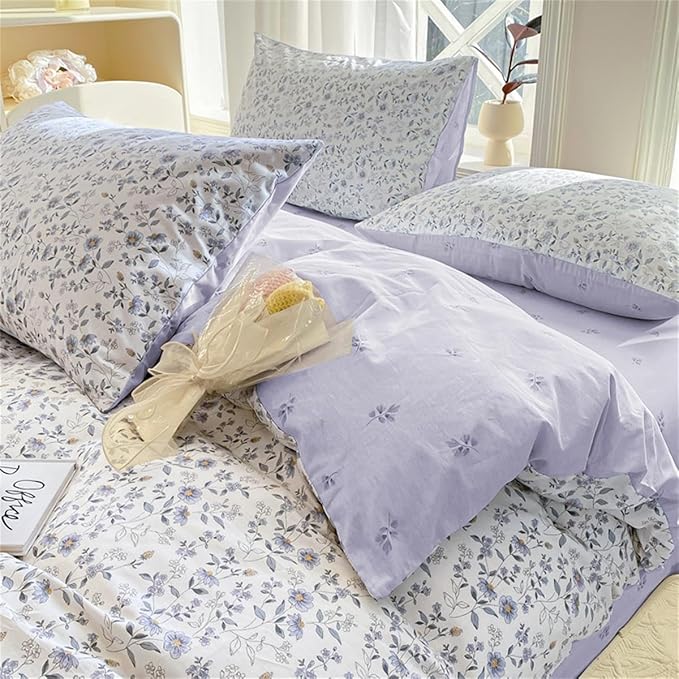 Purple Floral Duvet Cover Queen Size Botanical Aesthetic Garden Style Bedding Set with Yellow Flower 3 Pcs Kids Boys Girls Women Soft Breathable Reversible Comforter Cover