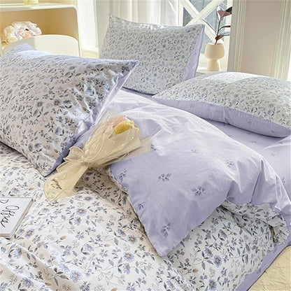 Purple Floral Duvet Cover Queen Size Botanical Aesthetic Garden Style Bedding Set with Yellow Flower 3 Pcs Kids Boys Girls Women Soft Breathable Reversible Comforter Cover