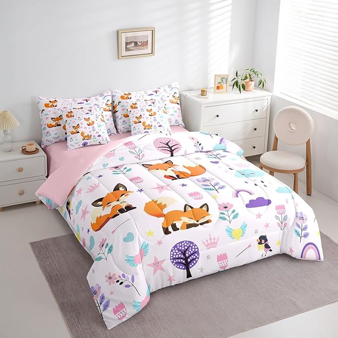 Erosebridal Floral Fox Comforter Set Queen Size,Cartoon Zoo Animal Bedding Set for Kids Teens,Cute Flower Bed in a Bag （Comforter, Sheets, Pillowcases & Cushion Covers）