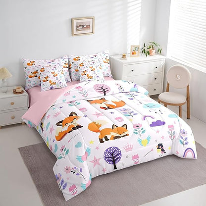 Erosebridal Floral Fox Comforter Set Full Size,Cartoon Zoo Animal Bedding Set for Kids Teens,Cute Flower Bed in a Bag （Comforter, Sheets, Pillowcases & Cushion Covers）