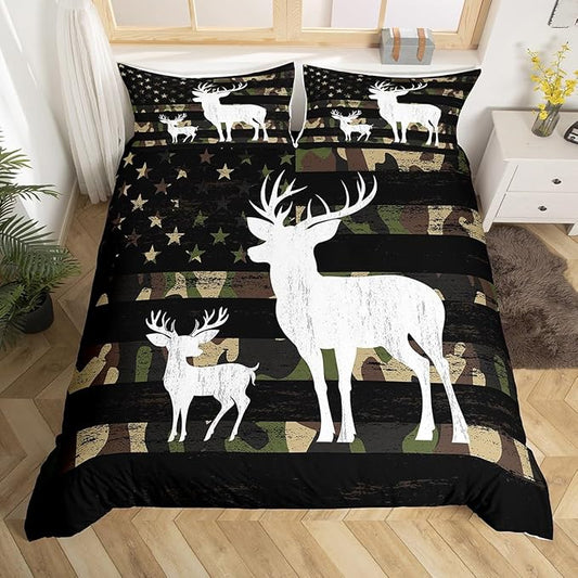 Camouflage USA Flag Bedding Comforter Full Size, Green Camo Cute Deer Antlers and Trees Natural Duvet Cover for Girls Teens Man Gift, American Flag Ultra Soft Bedding Set with 2 Pillowcases