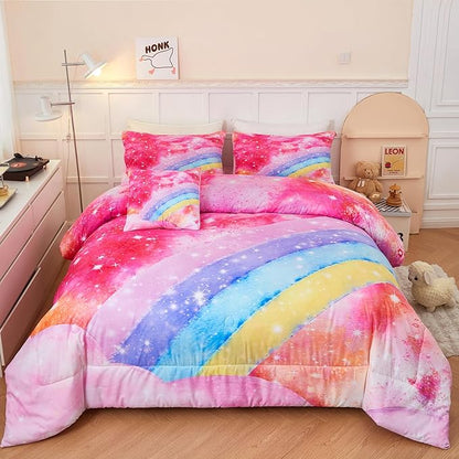 ANGIYUIN 6 Pieces Rainbow Queen Size Bed in A Bag for Girls/Kids/Teens, Colorful Sparkle Tie Dye Girls Comforter Set, Soft Sparkle Glitter Galaxy Bed Sets for All Season