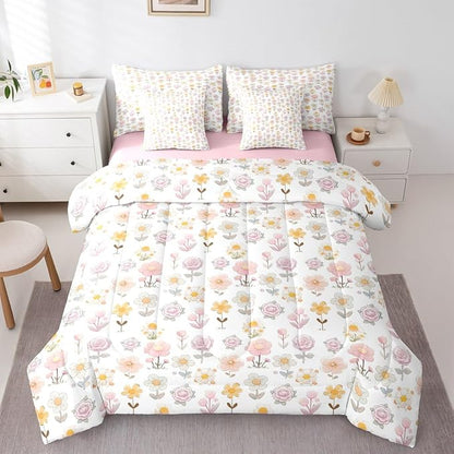 Feelyou Cute Flower 7 Piece Bedding Set Yellow Pink Floral Comforter Set with Sheets for Kids Boys Girls Romantic Blossom Bed in a Bag Cartoon Style Bed Set Soft Lightweight