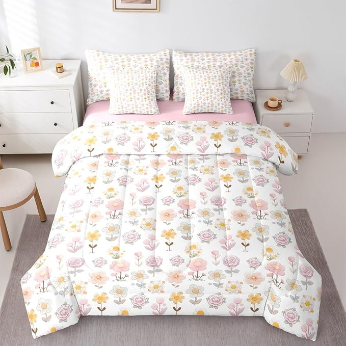 Feelyou Cute Flower 7 Piece Bedding Set Yellow Pink Floral Comforter Set with Sheets for Kids Boys Girls Romantic Blossom Bed in a Bag Cartoon Style Bed Set Soft Lightweight