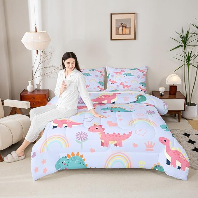 Kawaii Dino Kids Bedding Sets Cute Rainbow Floral Love Heart Reversible Comforter for Boys Blue Pink Dinosaur Lovely Animal Quilt Set Soft Duvet Insert,1 Pillowcase Toddler Size