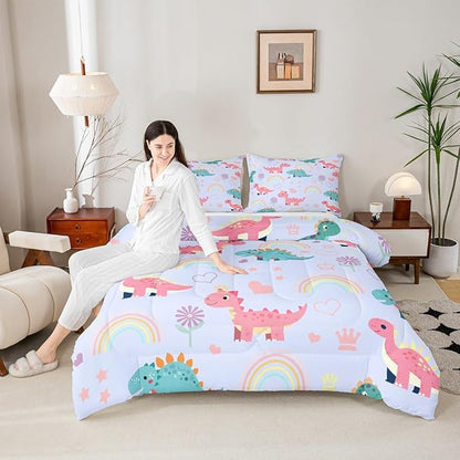 Castle Fairy Kawaii Dino Bedding Sets Full Size,Cute Rainbow Floral Love Heart Reversible Down Comforter Breathable Polyester Quilt Set,Blue Pink Dinosaur Lovely Animal Duvet Insert,2 Pillowcases