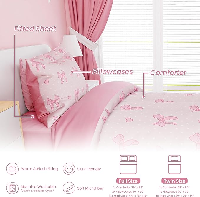 SANDJEST Bow Comforter Set Twin Size 68x86in for Kids Girls, Microfiber 3 Pcs Bedding Set Includes 1 Comforter, 1 Pillowcase, 1 Fitted Sheet, Nursery Room Decor