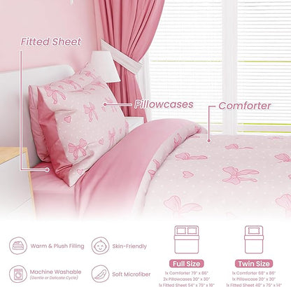SANDJEST Bow Comforter Set Twin Size 68x86in for Kids Girls, Microfiber 3 Pcs Bedding Set Includes 1 Comforter, 1 Pillowcase, 1 Fitted Sheet, Nursery Room Decor