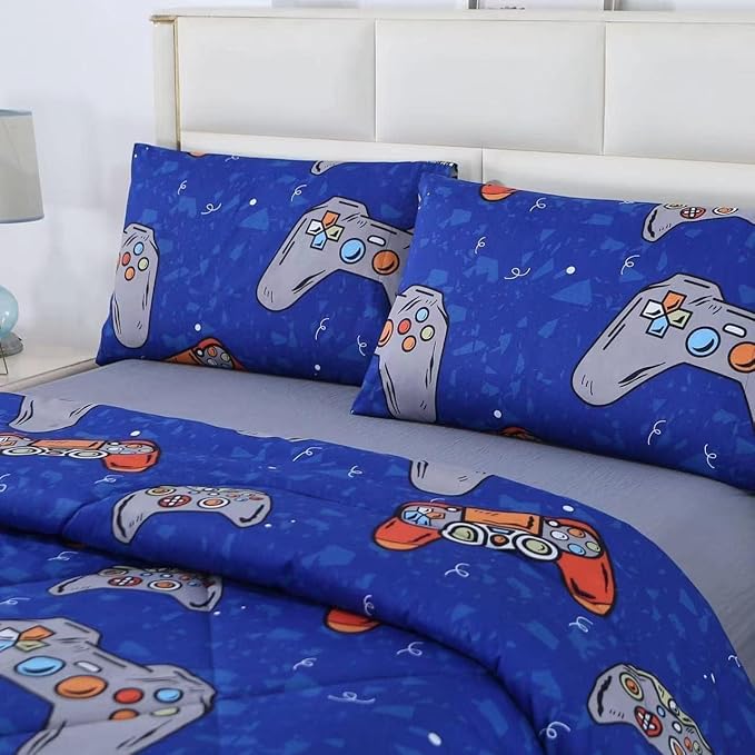 SDIII 3PCS Blue Gaming Comforter Set Full, Soft Microfiber Lightweight Game Comforter Sets for Boys Girls Kids Teens, Video Gamer Bedding Set Full