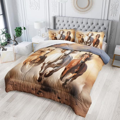 Kid Galloping Horse Comforter Set Queen Animal Theme Handsome Horse Bedding Set Wild Animal Grey Sky Sand Decor Quilt Bed Set for Boys Girls Adult, 1 Comforter + 2 Pillowcases