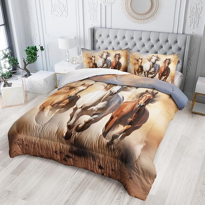 Kid Galloping Horse Comforter Set Twin Animal Theme Handsome Horse Bedding Set Wild Animal Grey Sky Sand Decor Quilt Bed Set for Boys Girls Adult, 1 Comforter + 2 Pillowcases