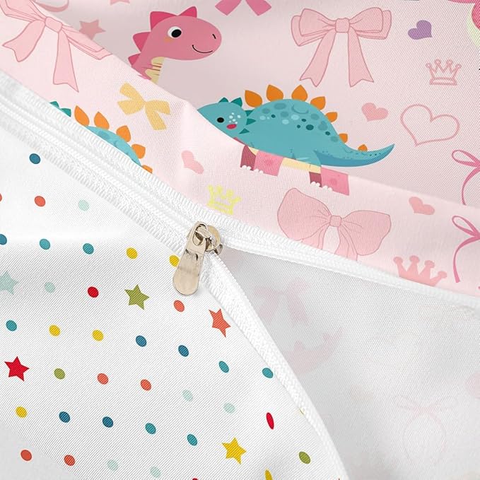 Cute Dino Duvet Cover Set Twin Size,Kawaii Bowknot Heart Princess Style Reversible Bedding Set Soft Bedroom Decor,Pink Dinosaur Bow Tie Cartoon Animal Polyester Quilt Cover (No Comforter), 2 Pcs