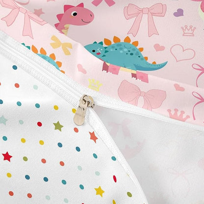 Cute Dino Bedding Sets Toddler Size,Kawaii Bowknot Heart Princess Style Reversible Duvet Cover 2Pcs for Kids Bedroom,Pink Dinosaur Bow Tie Cartoon Animal Quilt Cover,1 Pillowcase (No Comforter)