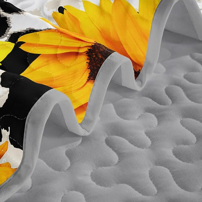 QOOMO Sunflower Quilt Set King Size,Cow Print Bedspread Coverlet Set,Animal Print 3Pcs Bedding Set Printed Quilt with 2 Pillowcases,Soft and Lightweight,for All Seasons