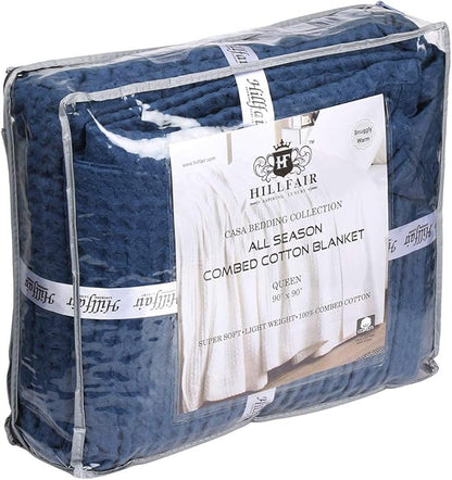 HILLFAIR 100% Combed Cotton Blanket– Queen Size Bed Blanket– Warm Soft All Season Breathable Lightweight Summer Blankets– Waffle Weave Home Decor Bed Blanket- Navy Queen Bed Cotton Blankets/Bedcover