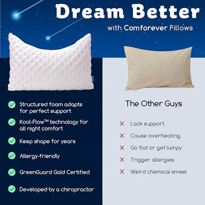Cooling Side Sleeper Pillow for Neck and Shoulder Pain, Luxury Shredded Memory Foam Curved Bed Pillows for Sleeping Set of 1- Adjustable Queen Size- Washable Cover Crescent White