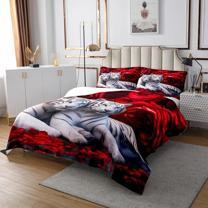 Tiger Bedspread Set Queen Size,Red Rose Flower Bedspread Quilt Set for Boys Girls,African Safari Animals Coverlet Set,Big Cat Wild Animal Skin Quilt Set,Romantic Garden Floral Bedroom Decor