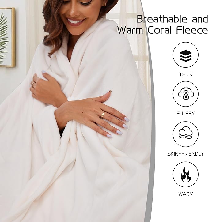 Electric Heated Blanket 90"x100" King Size, Soft Coral Fleece, Dual Controllers with 4 Heating Levels and 10 Hours Auto-Off, Machine Washable, Cozy Plush Fabric for Home, White