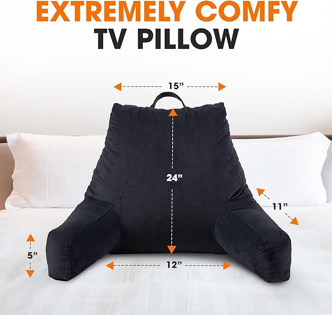 Cheer Collection Reading Pillow with Arms – Portable Bed Pillow for Sitting Up & Support, Hollow Fiber-Filled Back Rest Pillow for Sitting in Bed & Couch, Machine Washable, Black