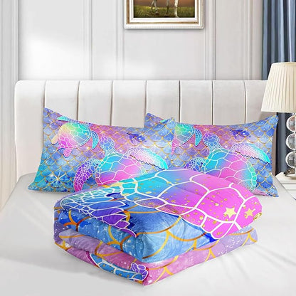 Kids Comforter Set Watercolor Turtle Scales Printed Pattern Bedding Set with 1 Comforter and 2 Pillowcases for Girls Boys Bedroom All Season(Watercolor Turtle Scales Twin)