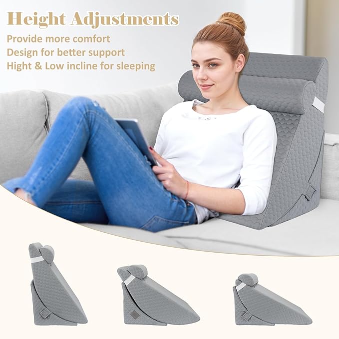 Bed Wedge Pillow for Sleeping, Adjustable Wedge Pillow Set for After Surgery, Elevated Triangle Pillow for Acid Reflux and Back Pain Relief, Post Surgery, Sleep Apnea, Back Suppor
