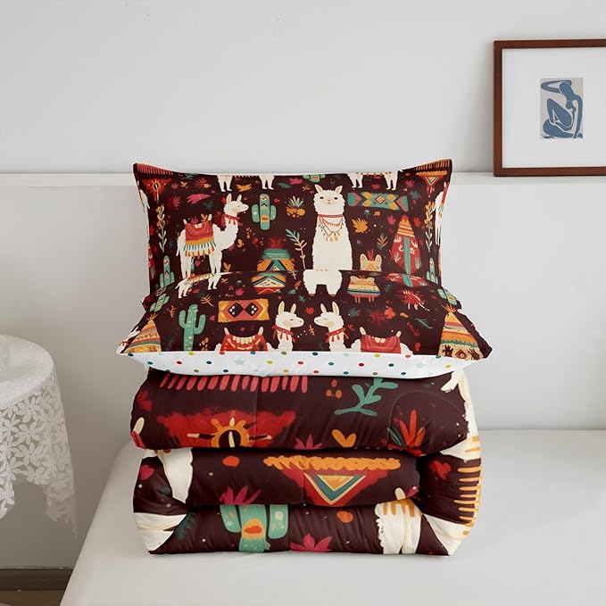 Bohemia Alpaca Bedding Set King Size Exotic Tribal Style Comforter for Child Teens Desert Cartoon Cactus Down Comforter Retro Rustic Western Duvet Insert with 2 Pillowcases