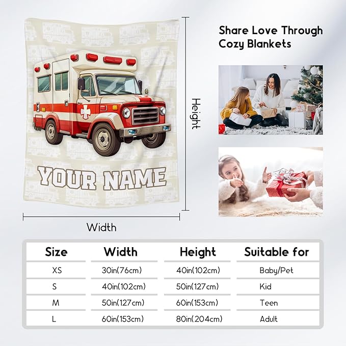 Personalized Ambulance Blanket, Cozy Soft Throw Gifts for Kids, Cute White Flannel Throw Blankets for Bed Travel, 50x60 Inches
