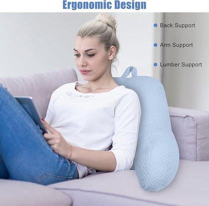 Reading Pillow, Silk Back Support Pillow for Bed Sitting Up, Large Bed Rest Pillow with Arms for Adults,Back Support Pillow for Couch and Chair, Blue