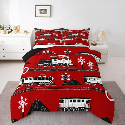 Erosebridal Boys Train King Comforter Set Cartoon Car Toddler Bedding, Traffic Transportation Track Comforter for Kids Teens Vintage Steam Engine Railway Decor Quilt Set Room 3Pcs, Red White Black