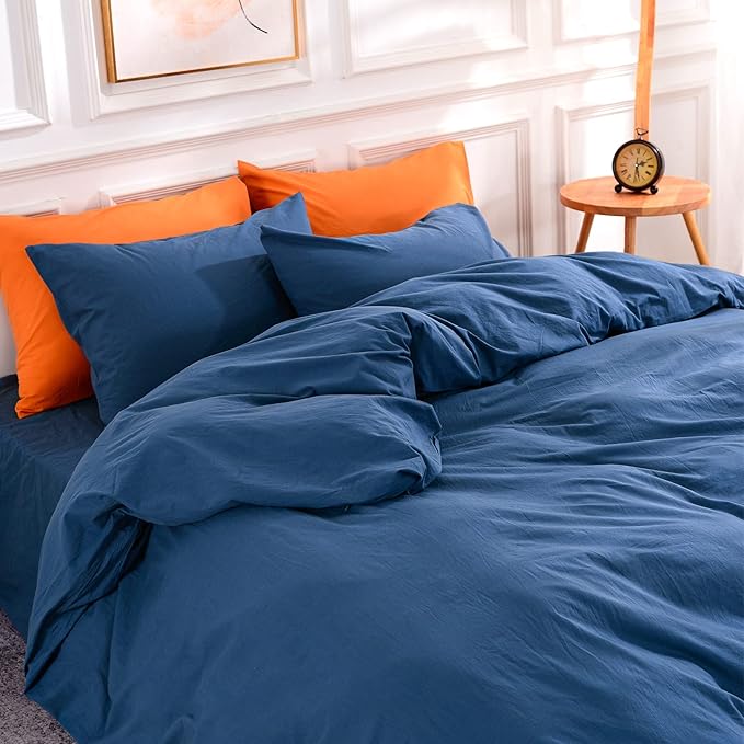 NEXHOME PRO Duvet Cover Set 100% Washed Cotton Full Size Linen Feel Textured Organic Natural 3 Pieces Bedding Set with Zipper Closure and Corner Ties, Breathable and Soft (Blue, No Comforter)