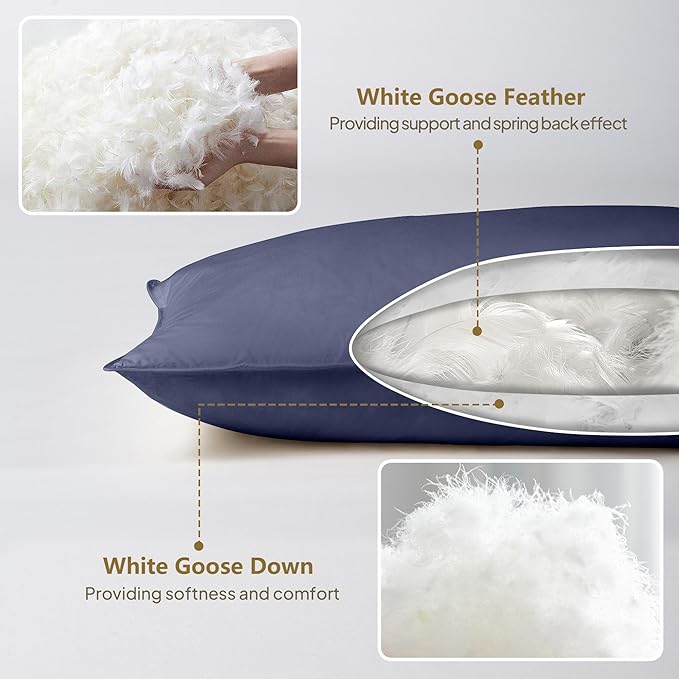 Goose Down Body Pillows for Adults, Large Body Pillow for Side Sleeper, Hugging Feather Body Pillow Insert, Cooling Full Length Long Pillow for Bed with 100% Organic Cotton Shell, (Navy Blue 20"x54")