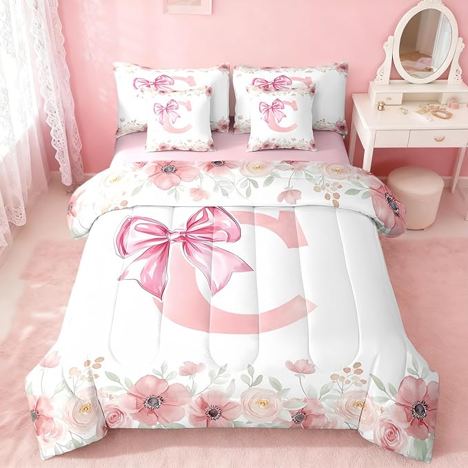 Erosebridal Twin Size Initial Letter C Bedding Sets, Kawaii Dreamy Princess Style Bed in A Bag for Teens, Pink Bow Tie Bowknot Comforter Set with Sheets Flower Floral Spring Bed Set Bedroom Decor