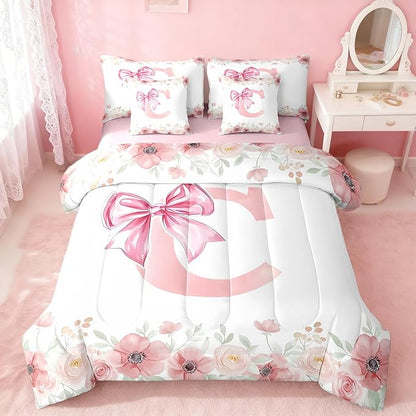Erosebridal King Size Initial Letter C Bedding Sets, Kawaii Dreamy Princess Style Bed in A Bag for Teens, Pink Bow Tie Bowknot Comforter Set with Sheets Flower Floral Spring Bed Set Bedroom Decor