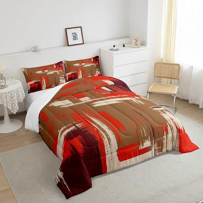 Feelyou Abstract Bedding Set Kids Modern Abstract Art Comforter Set Brown Orange Comforter for Boys Room Decor Lightweight Retro Duvet Set Toddler Size with 1 Pillow Case