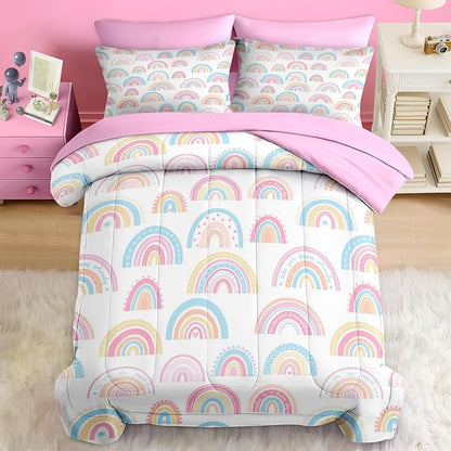 Comforter Set Queen Size, Cute Cartoon Rainbow 7 Pcs Bedding for Kids and Adults, Pink Boho Nursery Bed Sheet Sets with Fitted Sheet 2 Pillowcases & 2 Shams for Bedroom Bed Decor