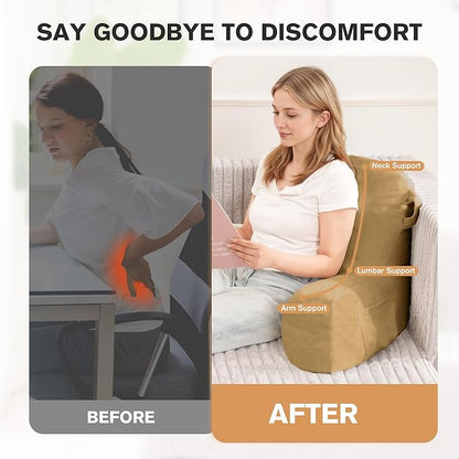 Portable Comfy Reading Pillows for Bed Sitting Up(Camel Oeko-Tex), Velvet Back Pillow with Arms & Pockets for Adults, Support Memory Foam Bed Pillow for Dorm/Reading/Watching/Gaming