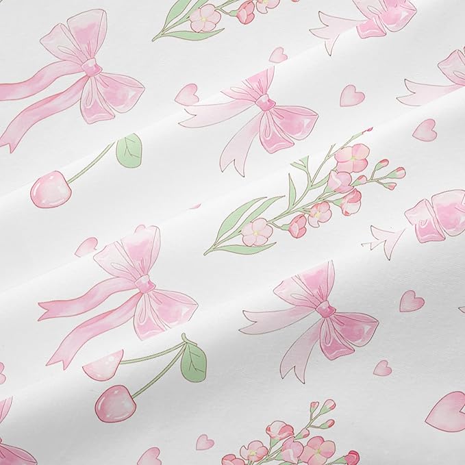 Bow Duvet Cover Queen Size Pink Floral Coquette Bedding Set with Cherry Kids Boys Girls Cute Heart Bowknot Reversible Soft Microfiber Duvet Cover Set 3 Pieces with 2 Pillowcases