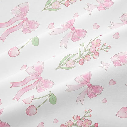 Bow Duvet Cover Queen Size Pink Floral Coquette Bedding Set with Cherry Kids Boys Girls Cute Heart Bowknot Reversible Soft Microfiber Duvet Cover Set 3 Pieces with 2 Pillowcases