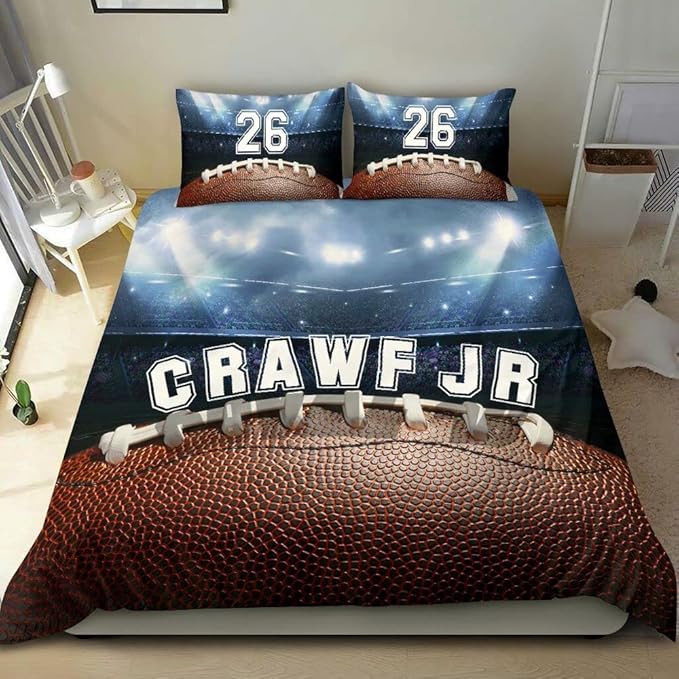 Personalized American Football Bedding Set, Kids 3 Piece Duvet Cover Set with Pillow Shams for Teens Boys, NO Comforter, Twin Size for Rugby Lovers (Football 09)
