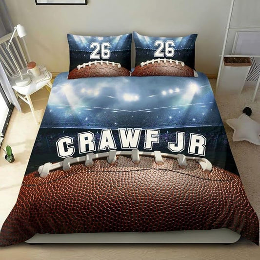 Personalized American Football Bedding Set, Kids 3 Piece Duvet Cover Set with Pillow Shams for Teens Boys, NO Comforter, Twin Size for Rugby Lovers (Football 09)