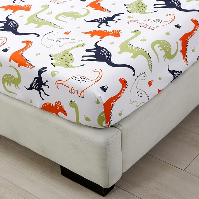 URBONUR 4-Piece Toddler Bedding Set - Ultra Soft Cartoon Jurassic Dinosaur Print Boys Toddler Comforter Set - Include Comforter, Flat Sheet, Fitted Sheet and Reversible Pillowcase, Gray Dinosaur