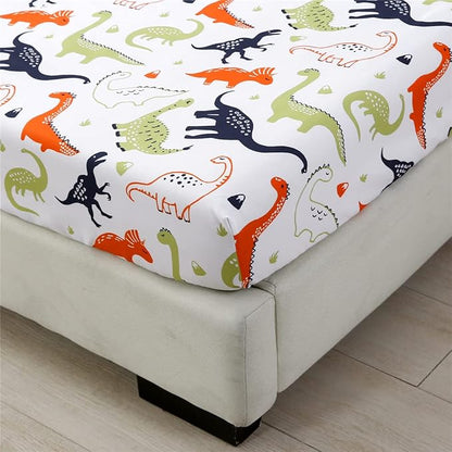 URBONUR 4-Piece Toddler Bedding Set - Ultra Soft Cartoon Jurassic Dinosaur Print Boys Toddler Comforter Set - Include Comforter, Flat Sheet, Fitted Sheet and Reversible Pillowcase, Gray Dinosaur