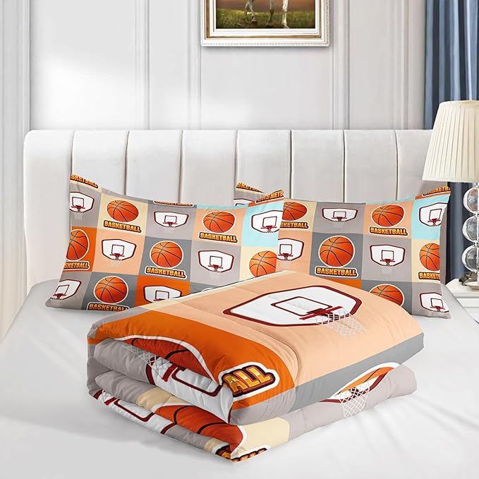 Basketball Bedding Kids Comforter Set King Size,Sports Style Basketball Printing Bedding Set for Teens Boys Room Decor,Ball Sports Games Comforter Set Soft Kids Bedding with 2 Pillowcases.