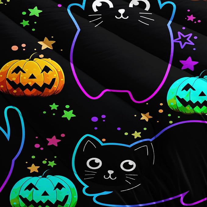 Cute Pet Cat Comforter Twin Bedding Sets,Halloween Pumpkin Lantern Stars Pattern Comforter Sets for Toddler Kids Room Decor,Colorful Neon Lights 3Pcs Bed Set with 2 Pillowcases.
