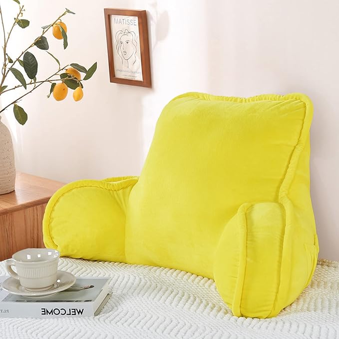 Super Soft Velvety Backrest Reading Bed Rest Pillow with Arms and Pockets 18" H for Sitting in Bed Couch Sofa, Back Support Wedge Cushion with Removable Cover, 20" x 18" x17", Butter Yellow