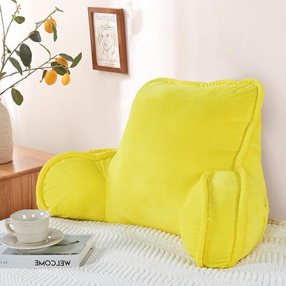 Super Soft Velvety Backrest Reading Bed Rest Pillow with Arms and Pockets 18" H for Sitting in Bed Couch Sofa, Back Support Wedge Cushion with Removable Cover, 20" x 18" x17", Butter Yellow
